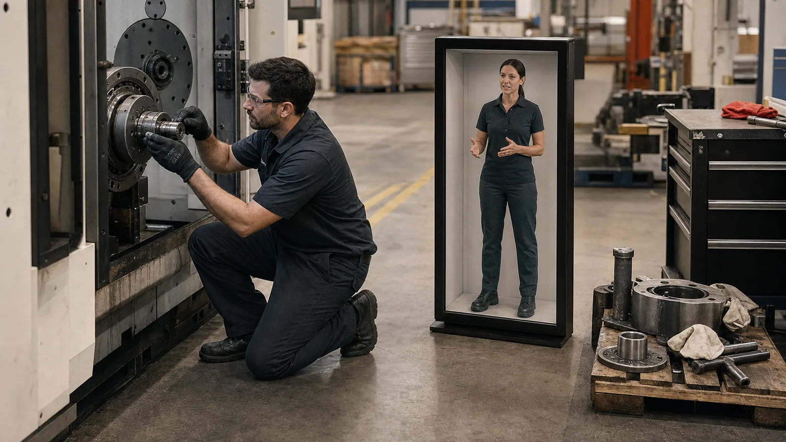 AI-generated Reality Relay concept showing a local technician and remote specialist aligning on one machine component
