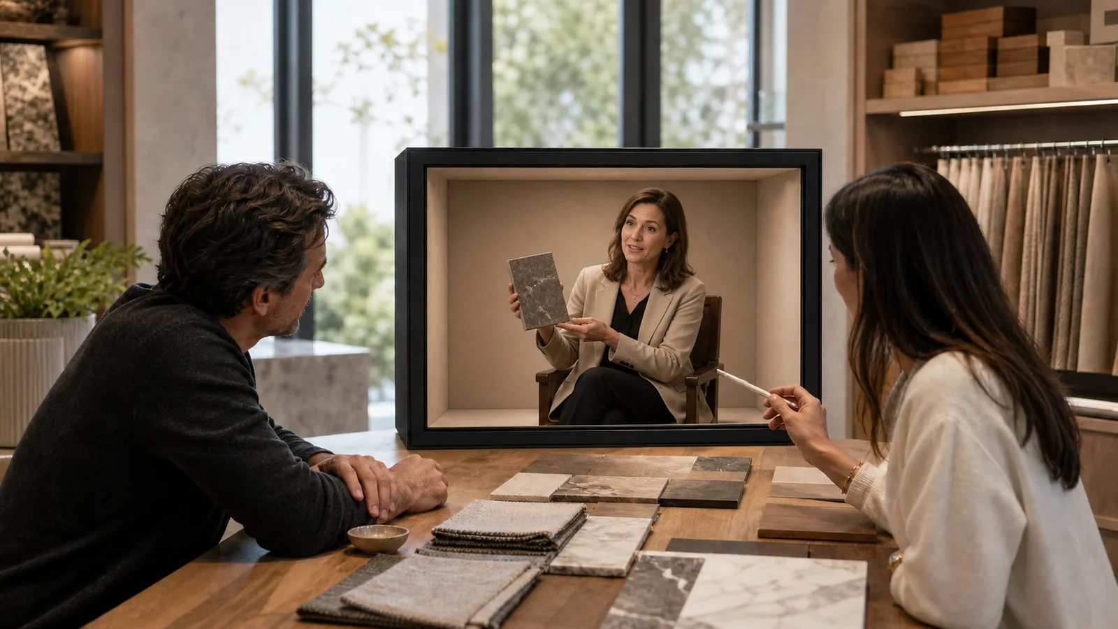 AI-generated Reality Relay concept showing a homeowner and remote designer comparing a dimensional room concept with real materials