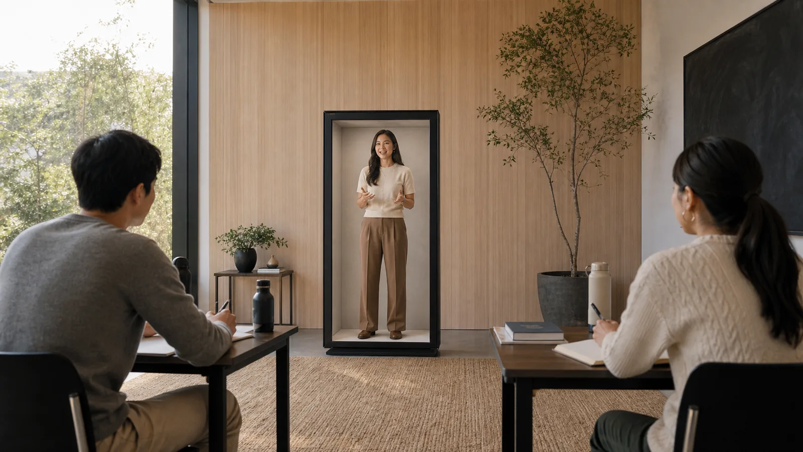 AI-generated Reality Relay concept showing two learners practicing with a remote native speaker at a natural eye line