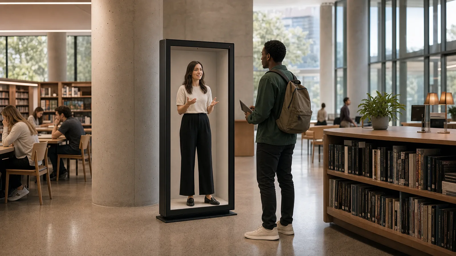 AI-generated Reality Relay concept showing a visitor asking a visible learning guide for the right research path