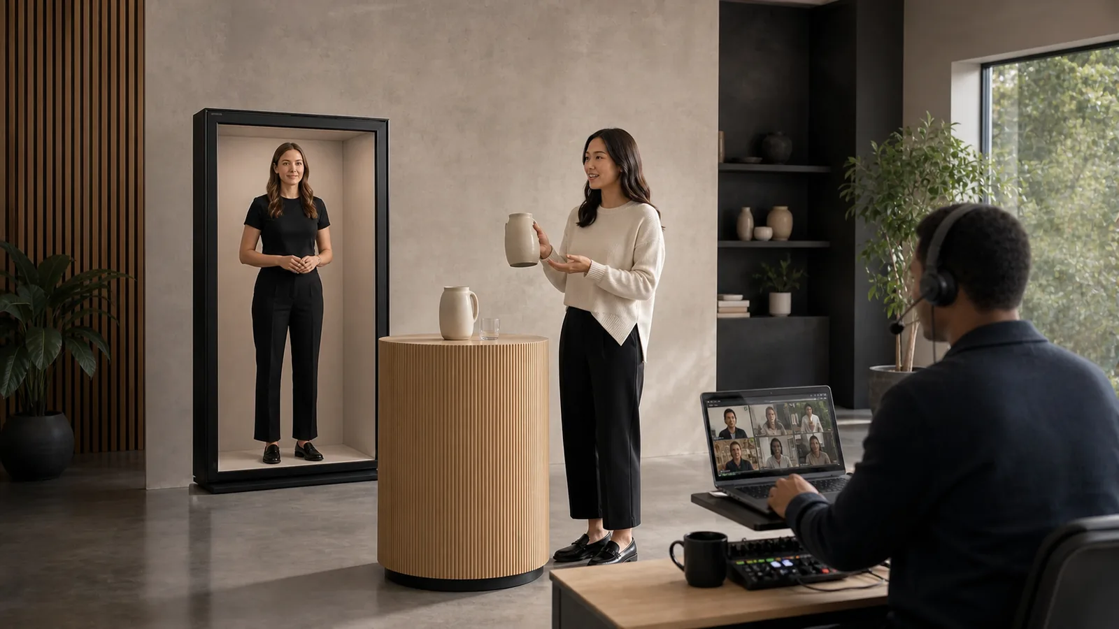 AI-generated Reality Relay concept showing a live host presenting a product to a small remote audience while a producer operates nearby