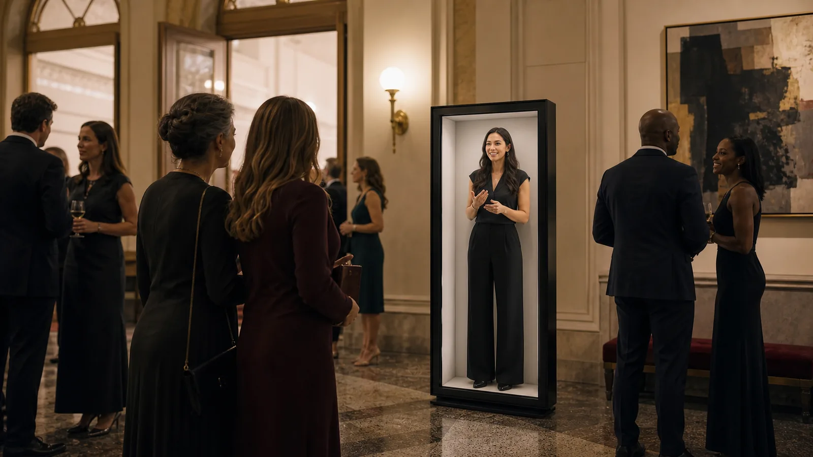 AI-generated Reality Relay concept showing audience members encountering a remote performer for a brief live encore