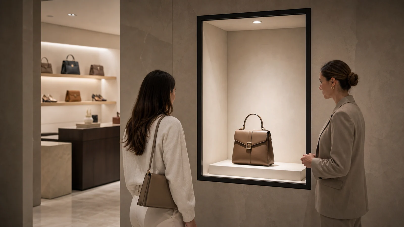 AI-generated Reality Relay concept showing a client and advisor exploring a dimensional watch, handbag and jewelry collection through one compact chamber
