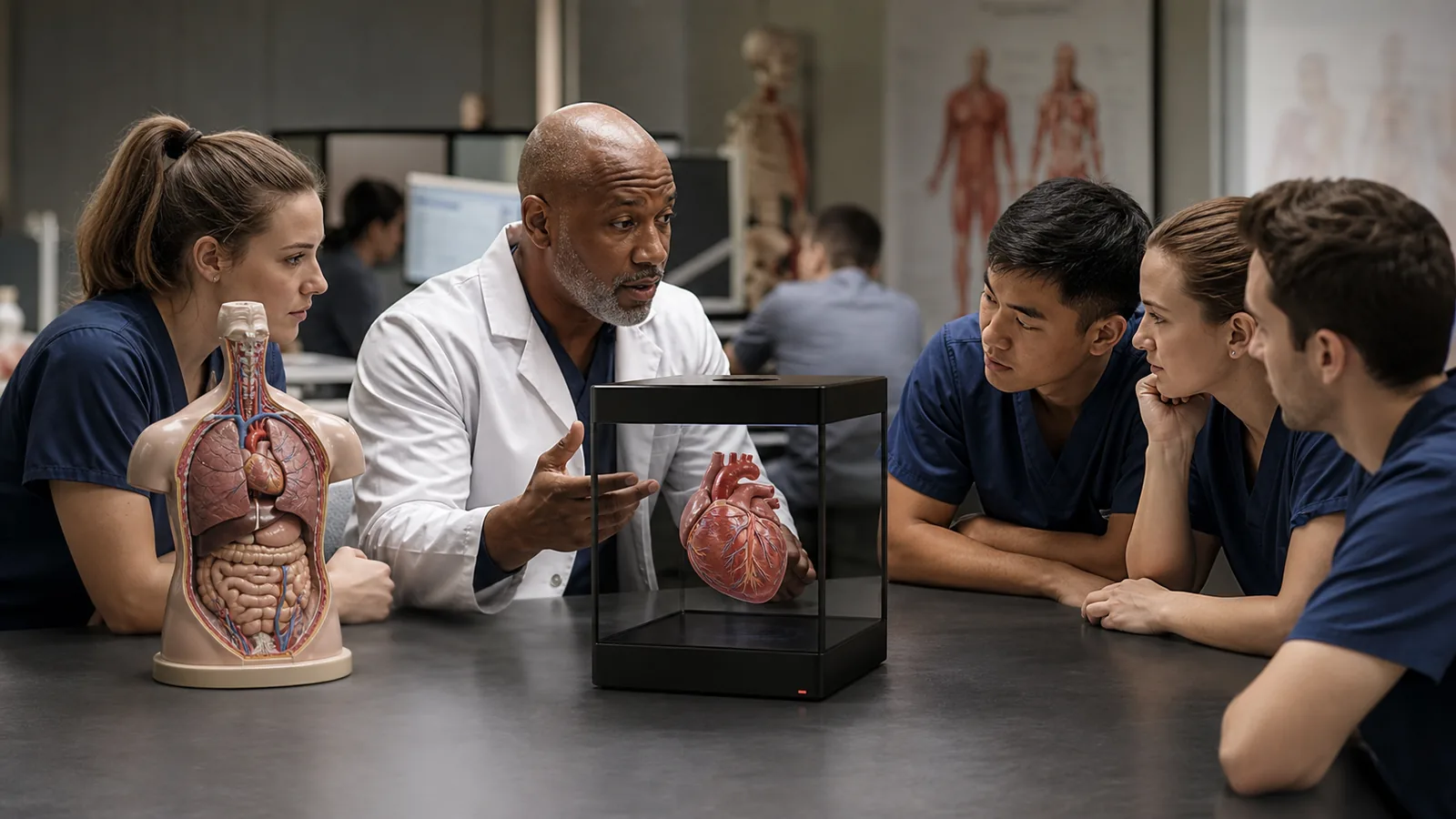 AI-generated Reality Relay concept showing a dimensional anatomical model being examined alongside a qualified instructor