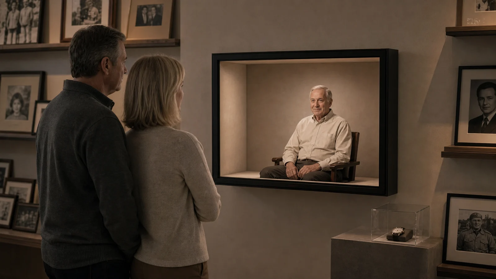 AI-generated Reality Relay concept showing visitors choosing to hear a real recorded story presented with dignity