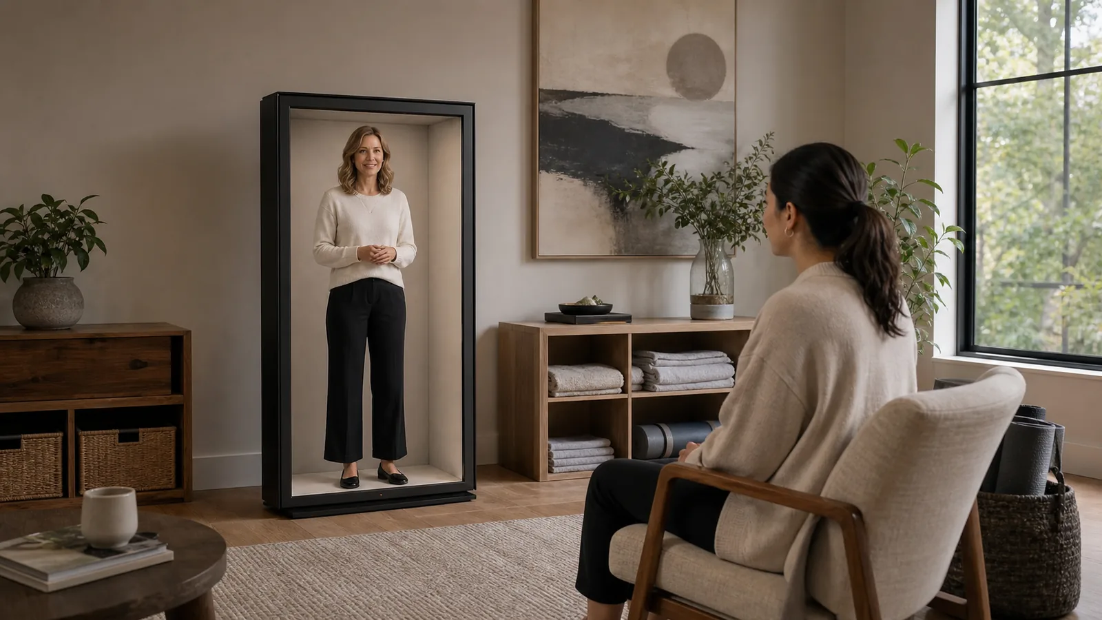 AI-generated Reality Relay concept showing an adult having a calm scheduled check-in with a clearly disclosed wellness guide