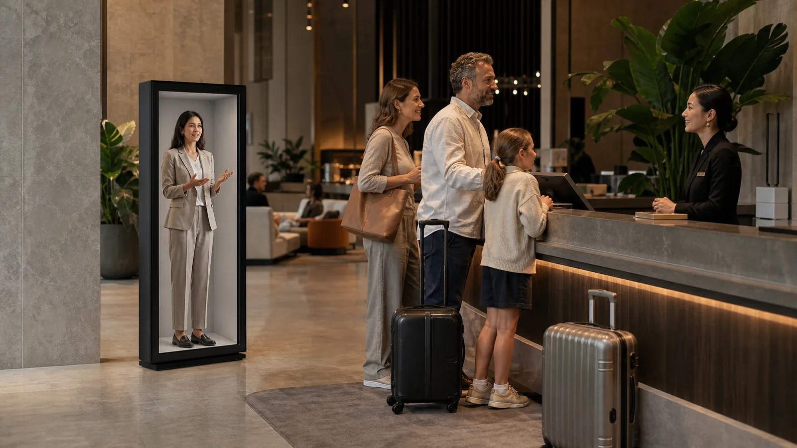 AI-generated Reality Relay concept showing an international family receiving clear multilingual assistance from a remote host