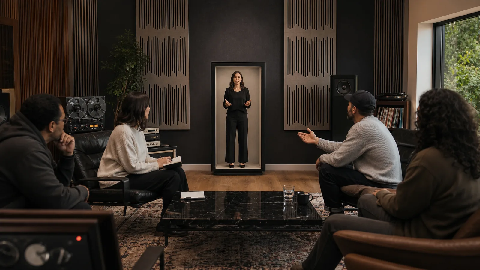 AI-generated Reality Relay concept showing a small audience discussing a new recording with the remote artist