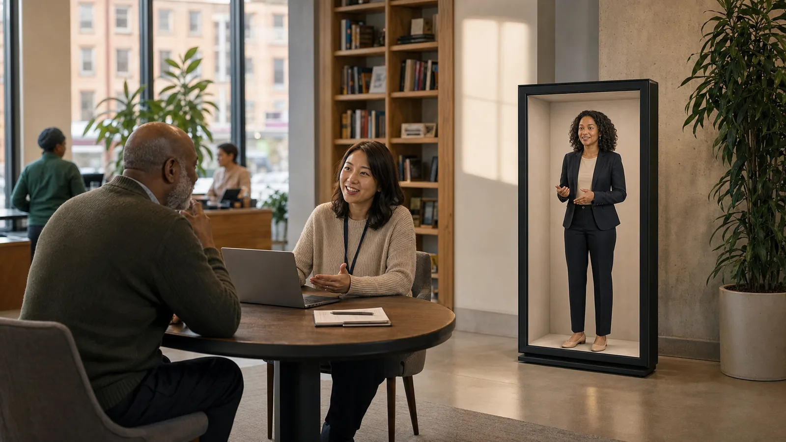 AI-generated Reality Relay concept showing a resident speaking with a trusted local host who connects them to the right service