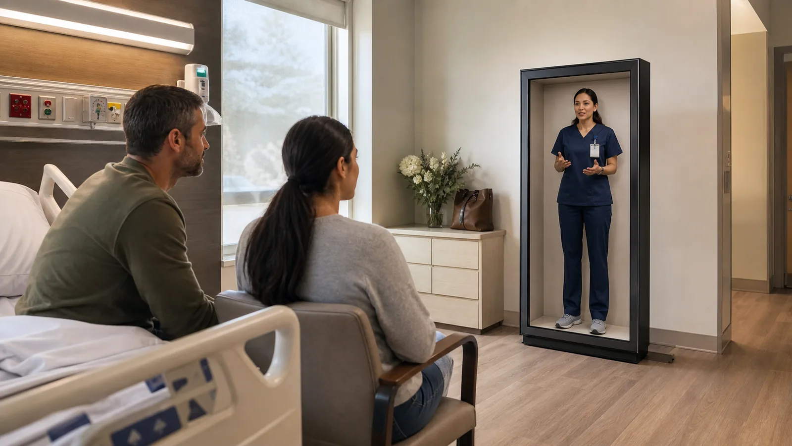 AI-generated Reality Relay concept showing a patient and caregiver reviewing clear next steps with a remote nurse educator