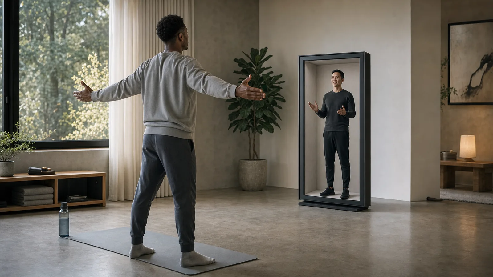 AI-generated Reality Relay concept showing a participant completing a structured exercise with an attentive remote coach