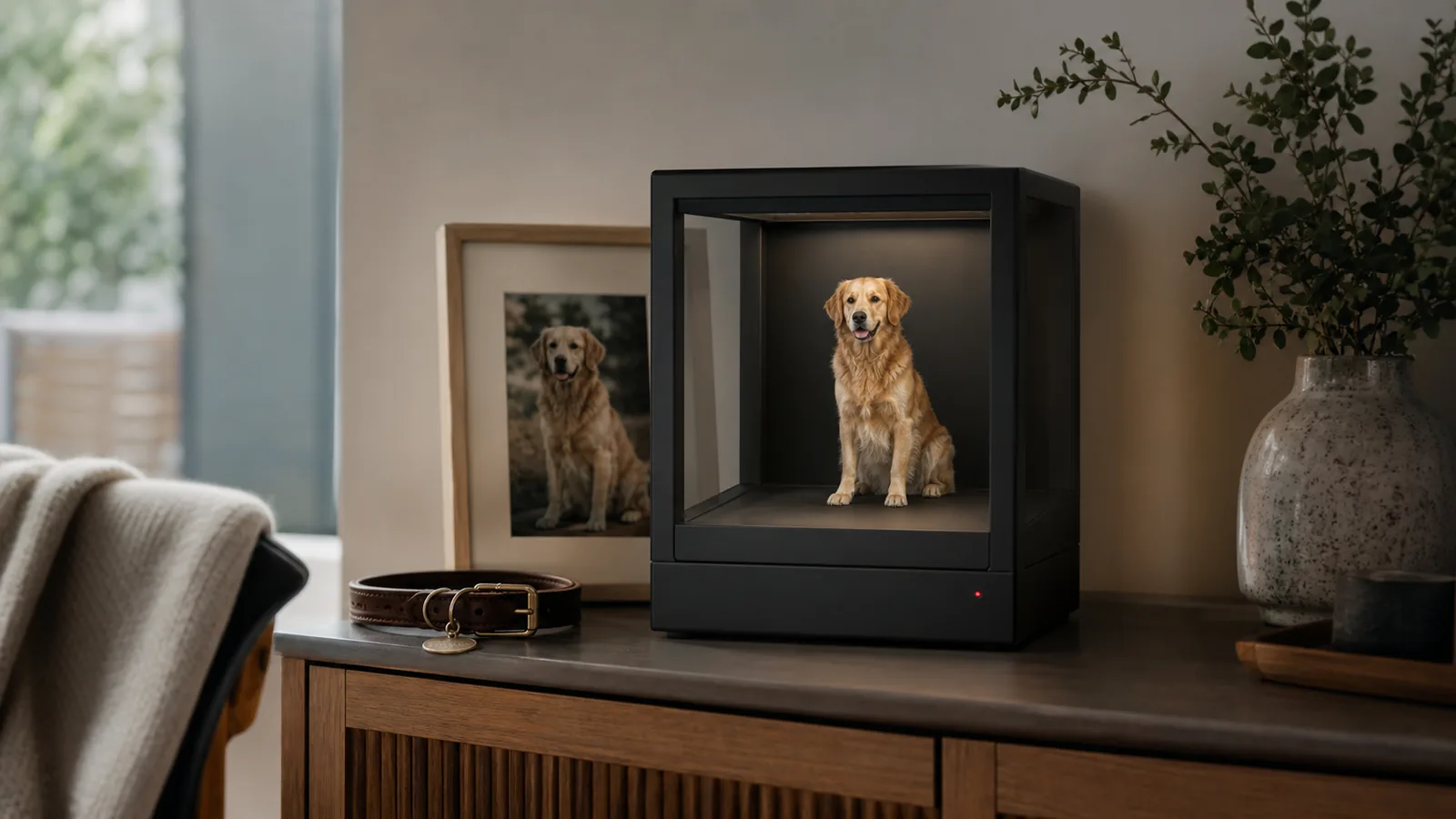 AI-generated Reality Relay concept showing a natural dimensional portrait of a beloved dog presented with restraint and clear memorial context