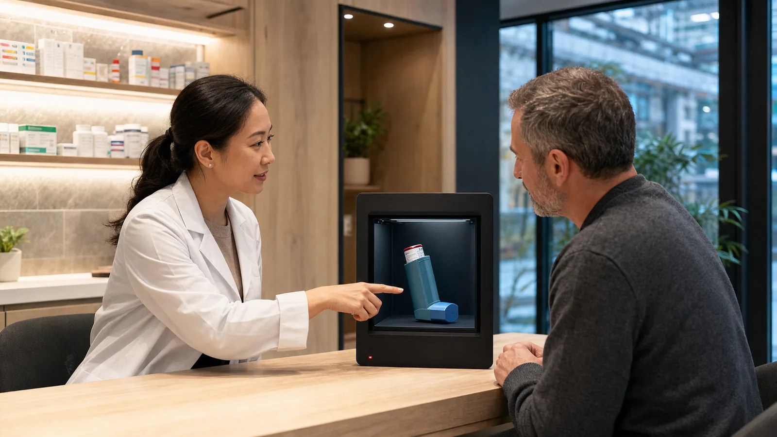 AI-generated Reality Relay concept showing a pharmacist using a dimensional medication model to explain correct use to a customer