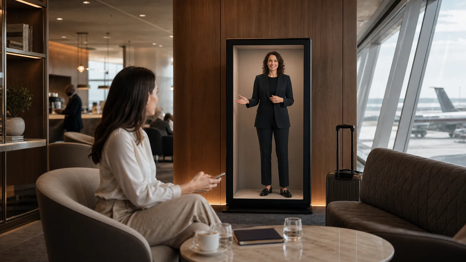 AI-generated Reality Relay concept showing a guest receiving discreet help from a visible remote lounge host