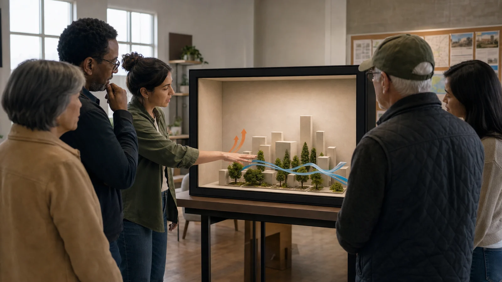 AI-generated Reality Relay concept showing a visible expert using a simple dimensional explanation with a diverse local audience