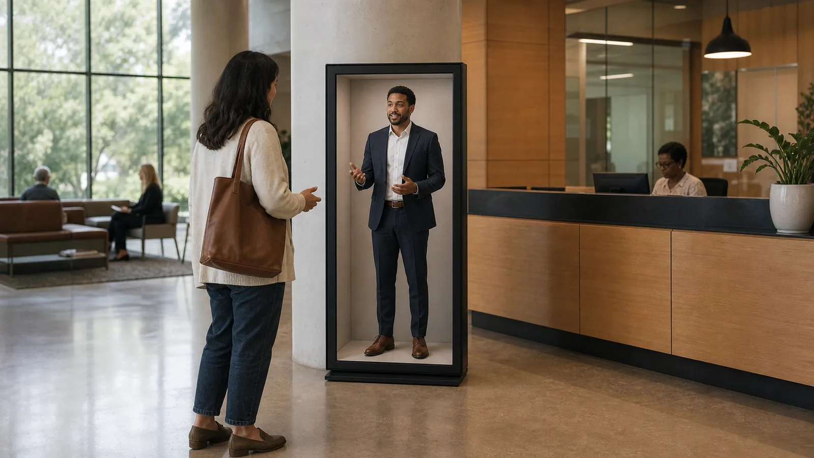 AI-generated Reality Relay concept showing a resident asking a visible public-information host for the correct service path