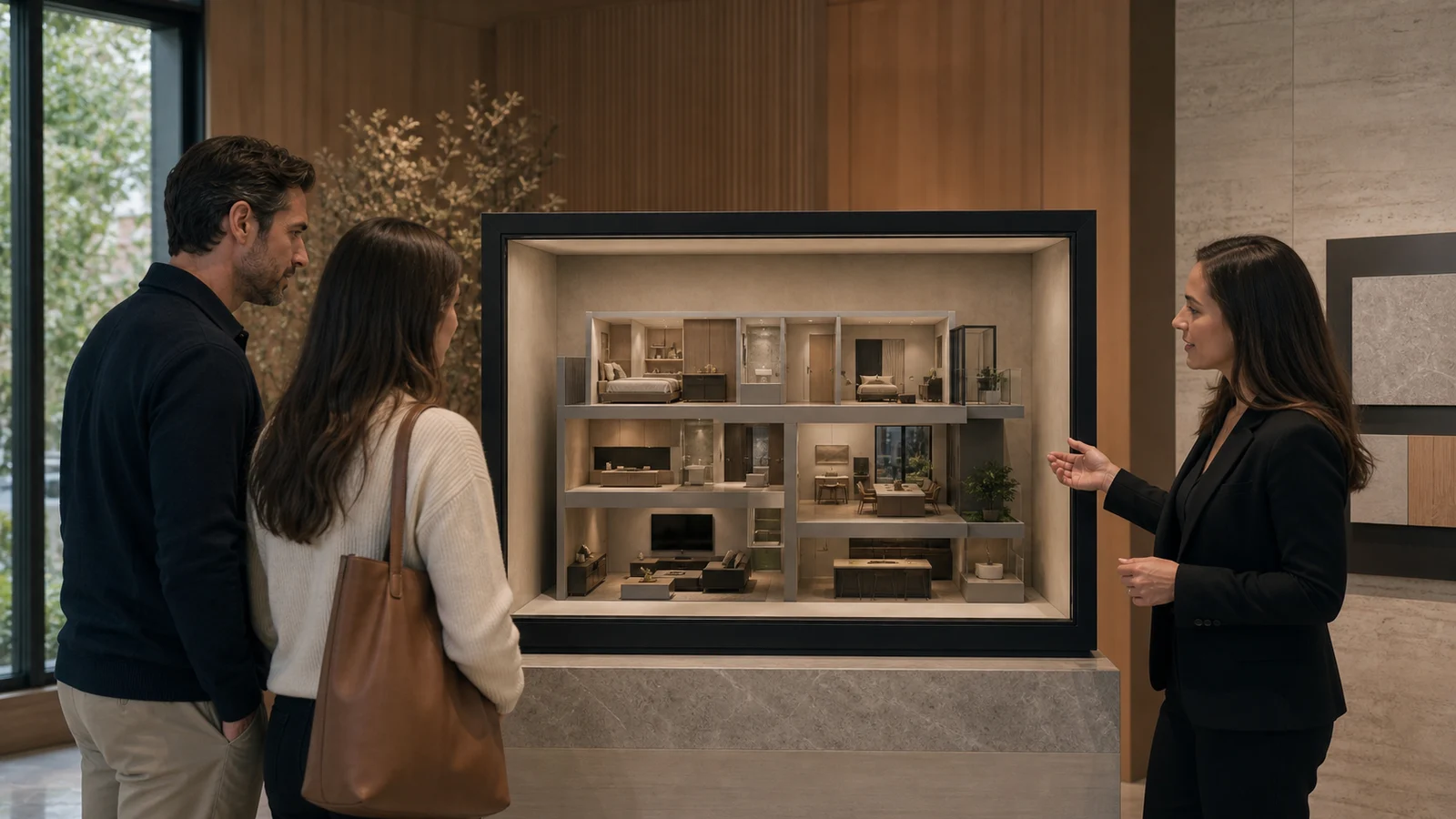 AI-generated Reality Relay concept showing buyers exploring a verified dimensional apartment model with a live specialist nearby