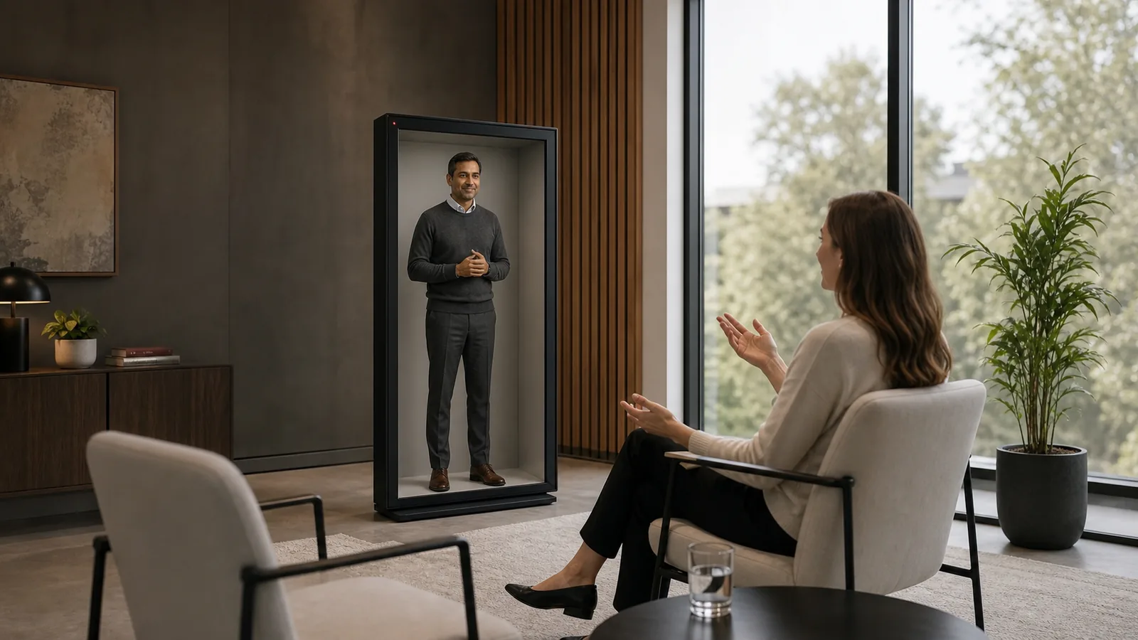 AI-generated Reality Relay concept showing a candidate meeting a remote interviewer at a natural conversational eye line