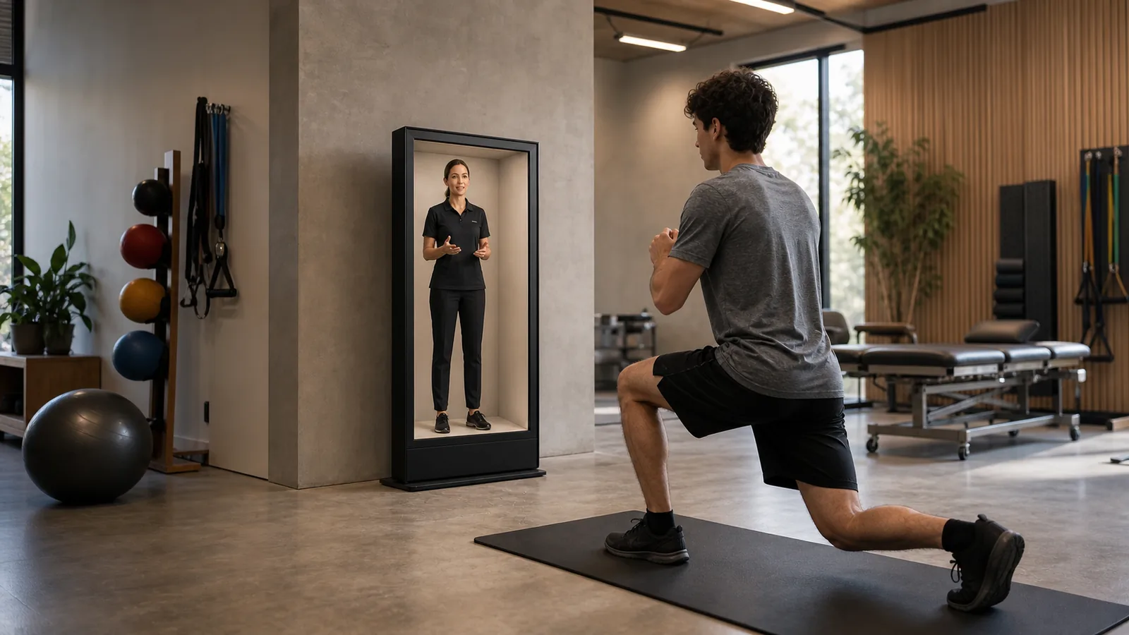 AI-generated Reality Relay concept showing a participant practicing one movement while a remote qualified coach observes
