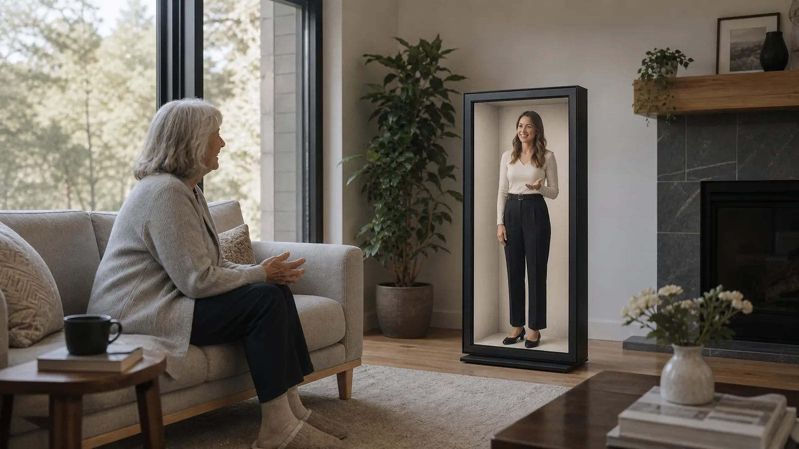 AI-generated Reality Relay concept showing a trusted remote companion sharing a routine conversation without requiring a handheld device