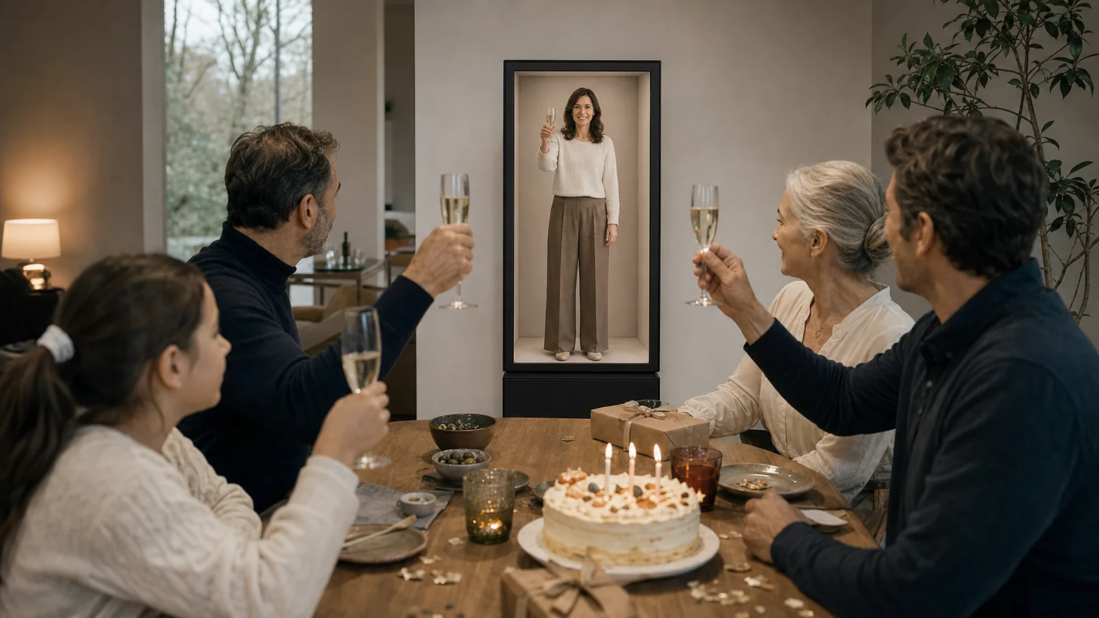 AI-generated Reality Relay concept showing remote relatives sharing the toast from a dedicated presence position