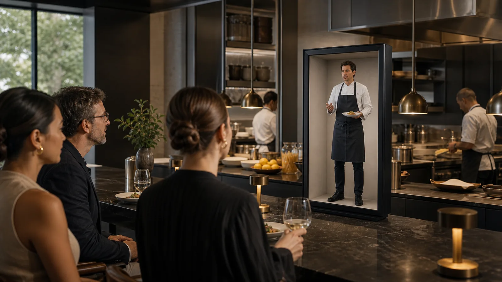 AI-generated Reality Relay concept showing diners speaking with a remote chef who explains one finished dish