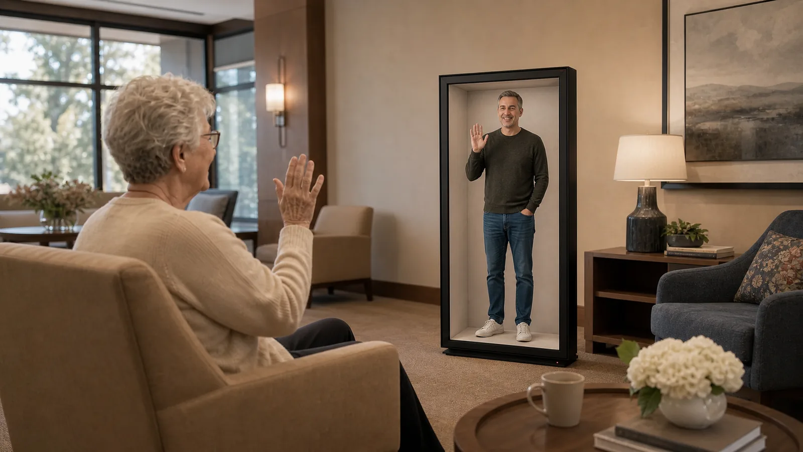 AI-generated Reality Relay concept showing an older adult sharing an unhurried visit with a full-body remote family member
