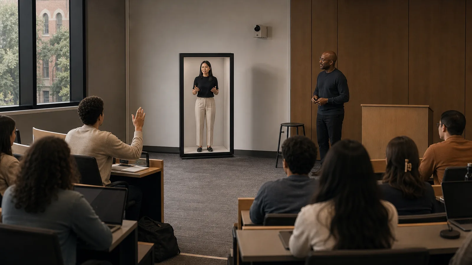 AI-generated Reality Relay concept showing a remote guest lecturer speaking at the front while a student asks a question