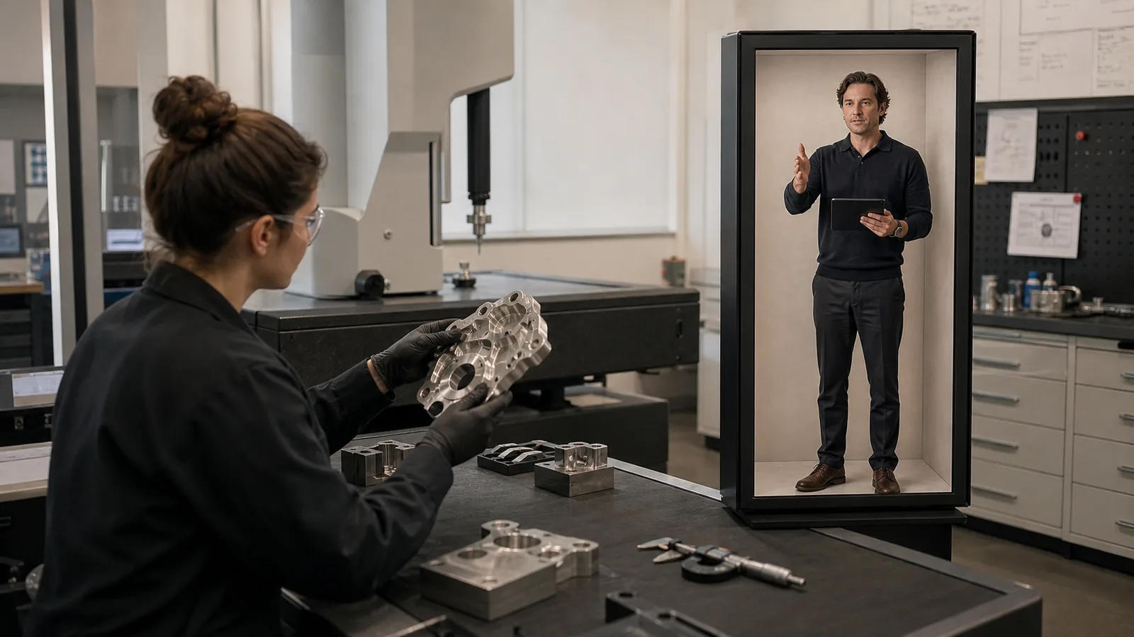 AI-generated Reality Relay concept showing a local operator presenting evidence while a remote inspector requests a closer view