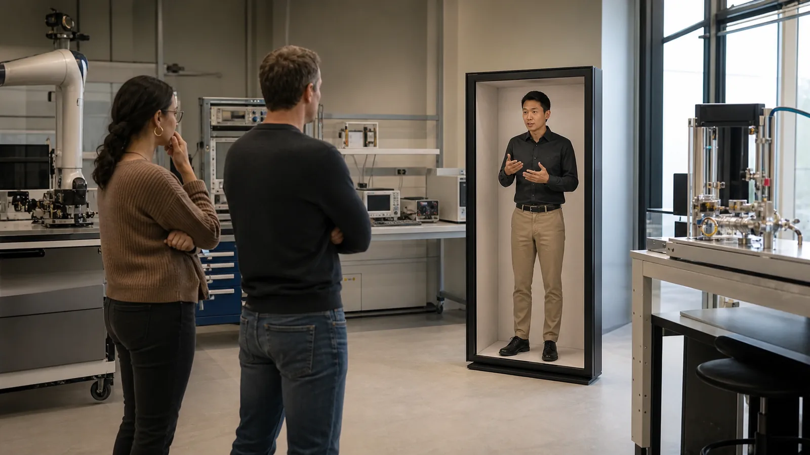 AI-generated Reality Relay concept showing a remote sales engineer guiding two buyers through a technical demonstration