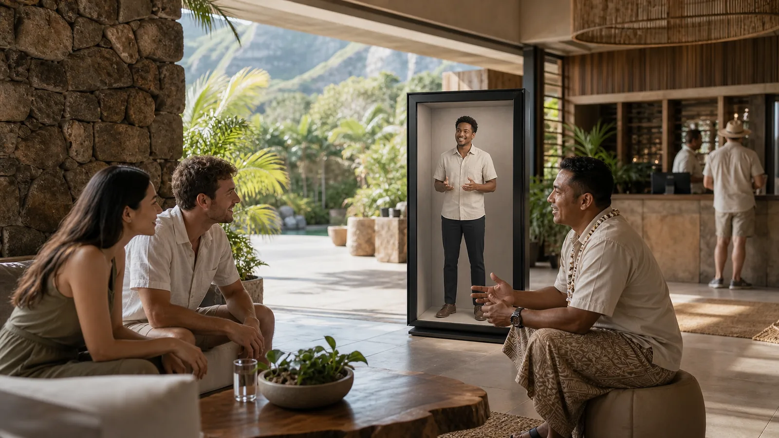 AI-generated Reality Relay concept showing guests choosing an activity with help from a visible local guide