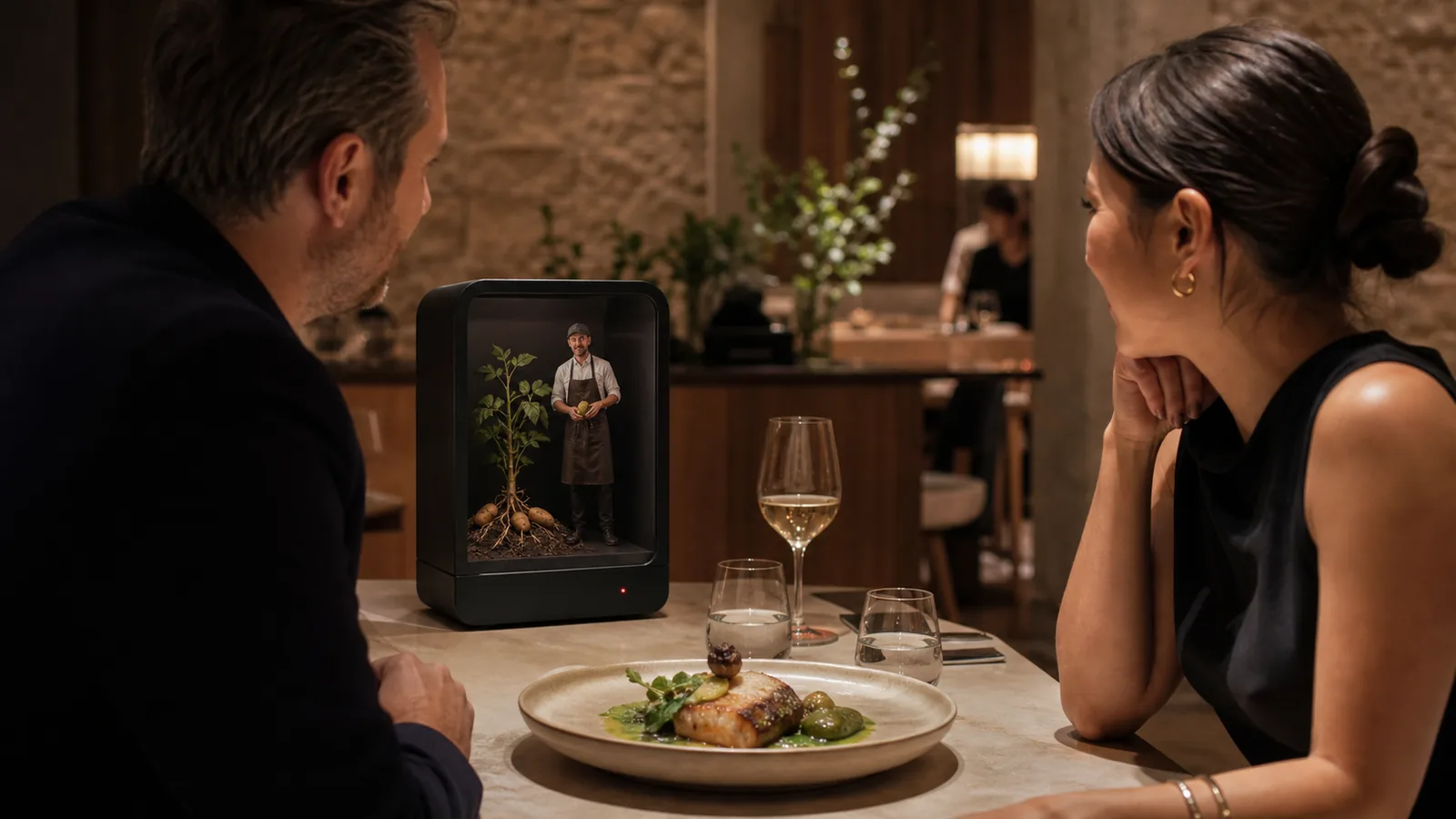 AI-generated Reality Relay concept showing diners seeing a dimensional ingredient and origin story beside the real dish