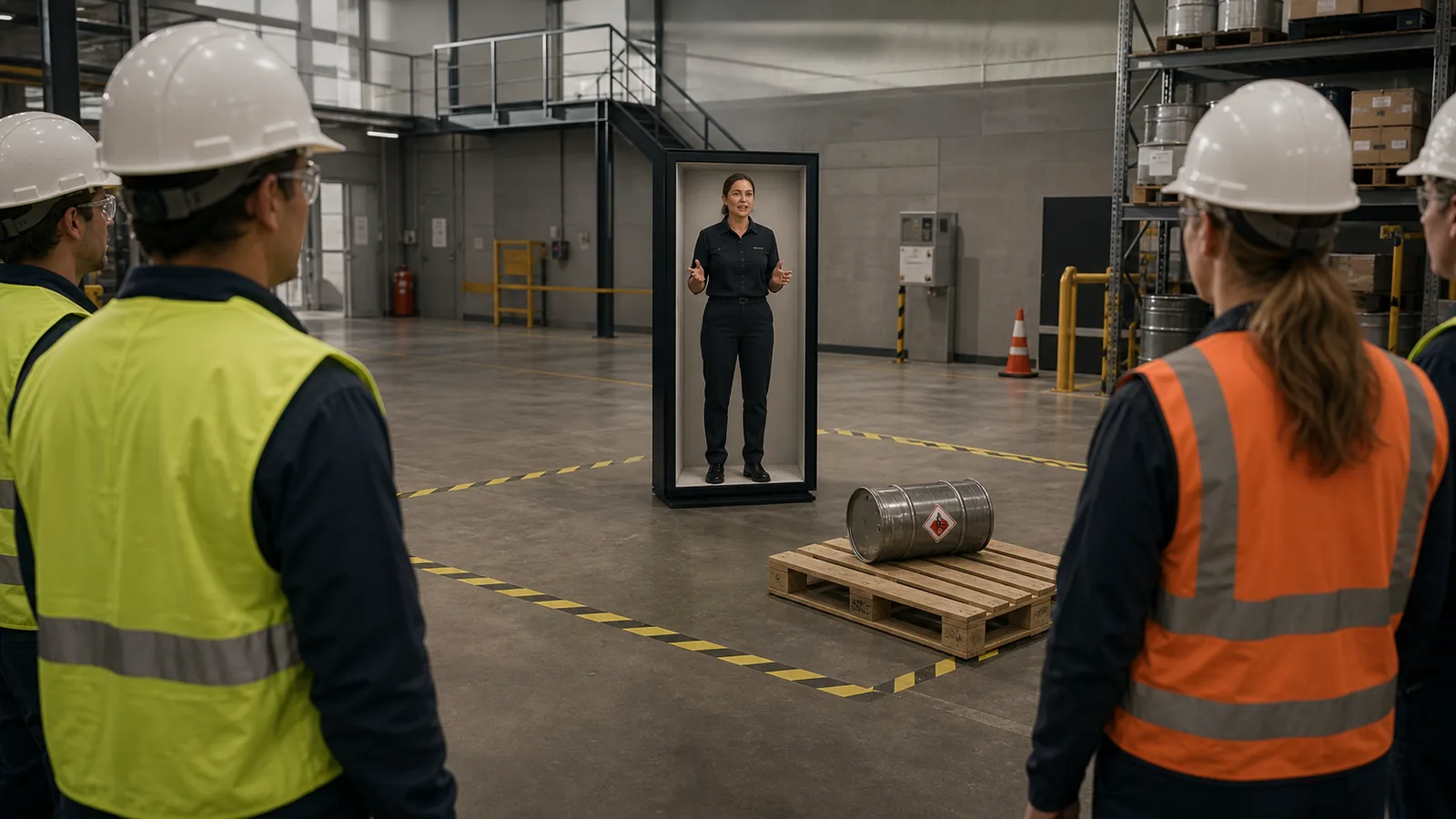 AI-generated Reality Relay concept showing workers observing a remote trainer demonstrate the correct response to a realistic hazard