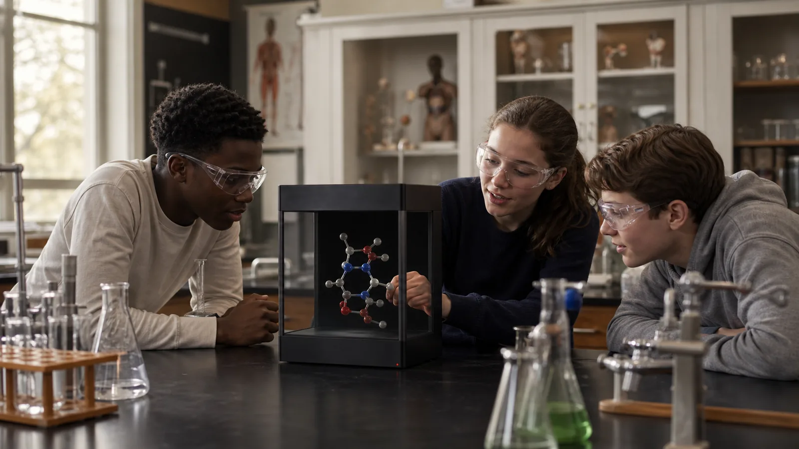 AI-generated Reality Relay concept showing students studying a dimensional molecular process inside a compact spatial display