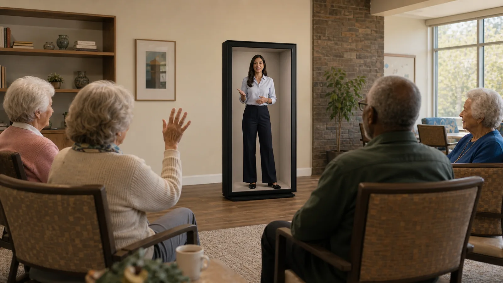 AI-generated Reality Relay concept showing older adults joining an interactive cultural program led by a remote host