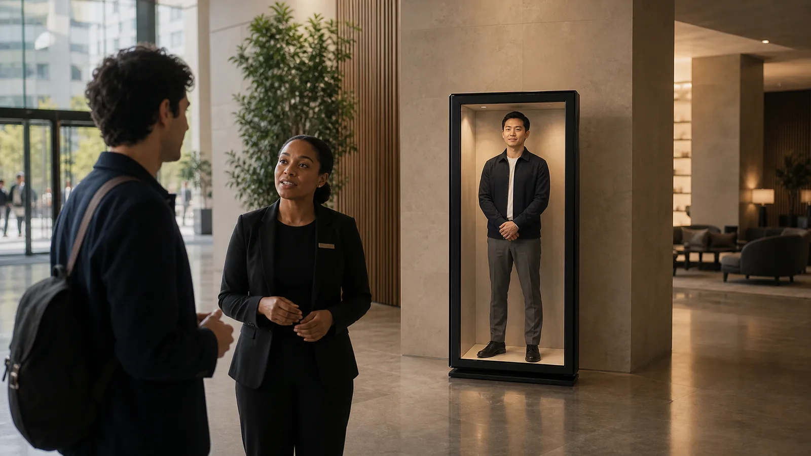 AI-generated Reality Relay concept showing an occupant speaking with a visible concierge about a building service request