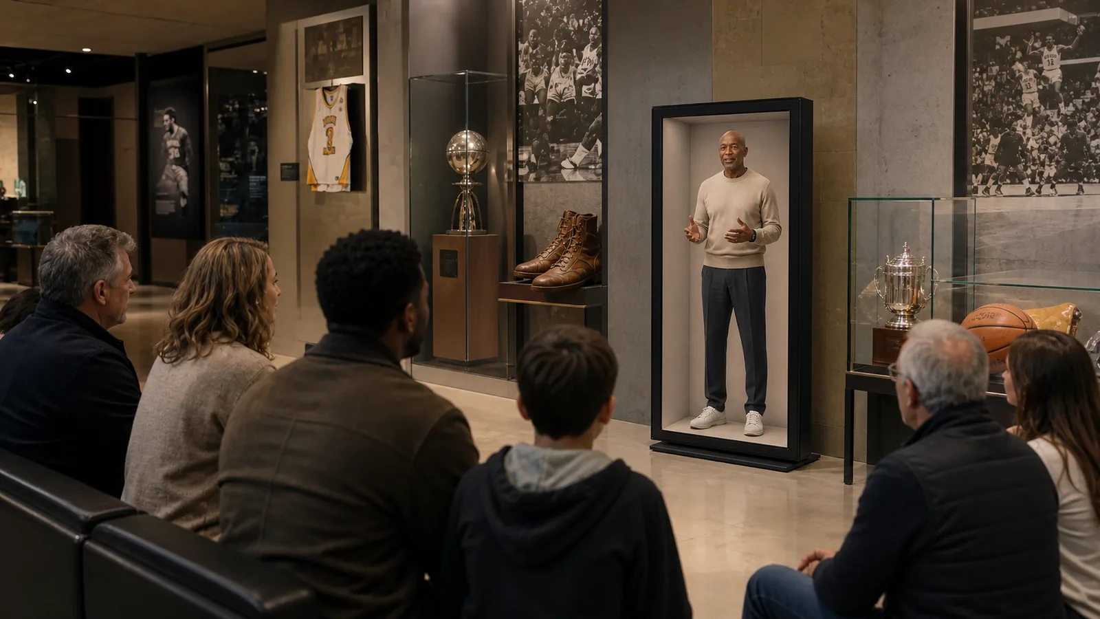 AI-generated Reality Relay concept showing visitors listening to a retired athlete recount a defining moment
