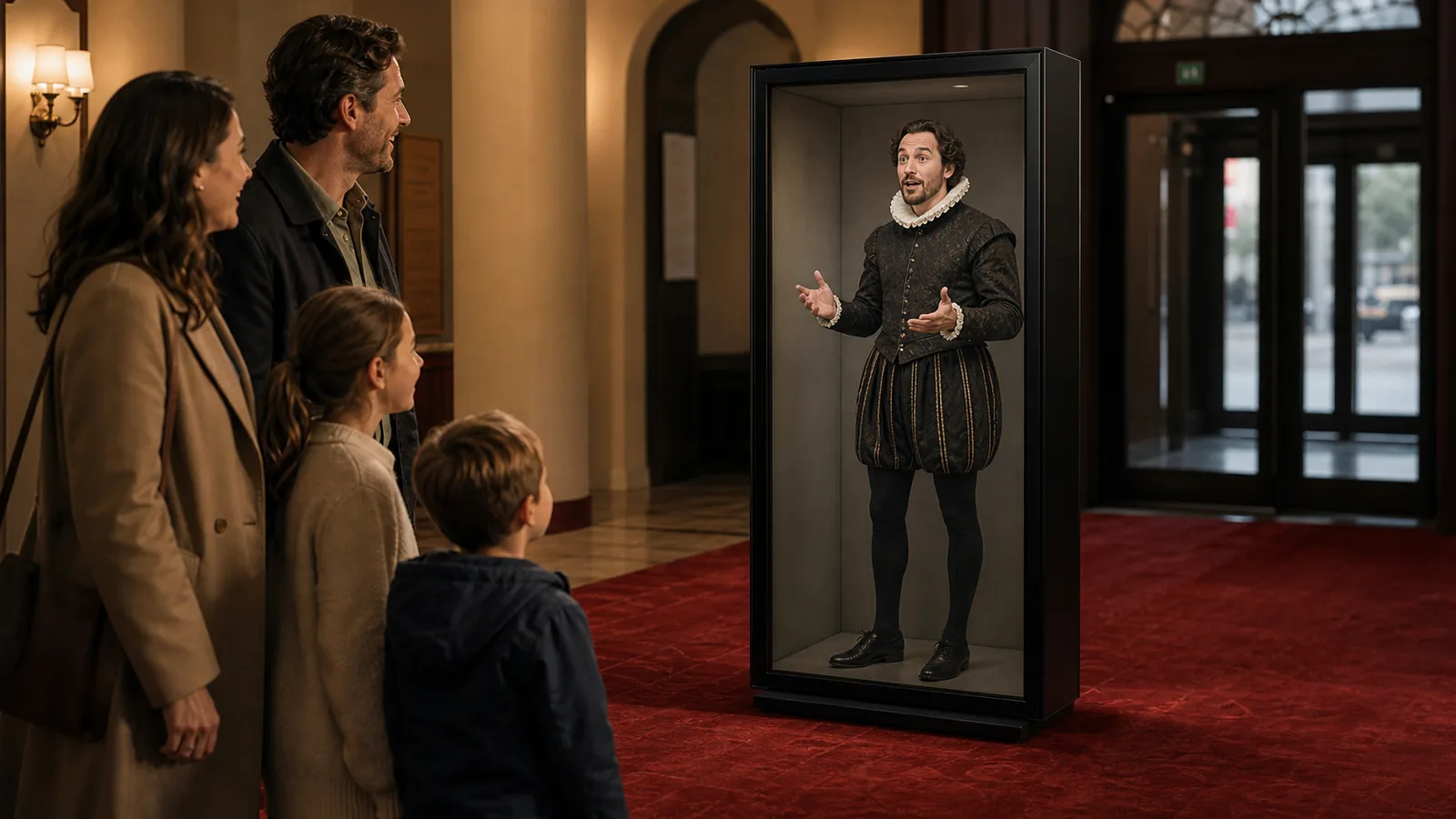 AI-generated Reality Relay concept showing a family meeting a full-body story character who responds to them in real time
