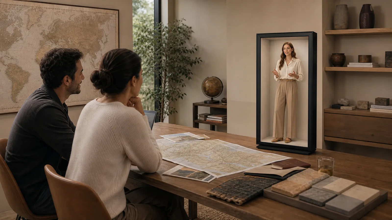 AI-generated Reality Relay concept showing a couple planning a complex trip with a remote specialist