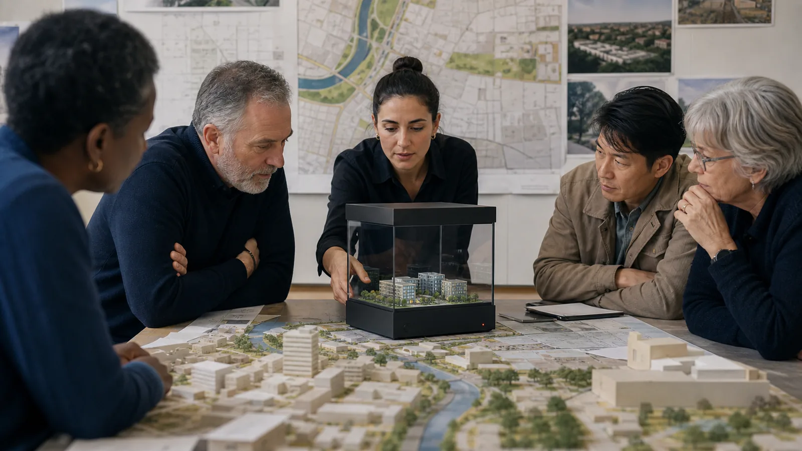 AI-generated Reality Relay concept showing residents and a planner examining a dimensional neighborhood proposal together