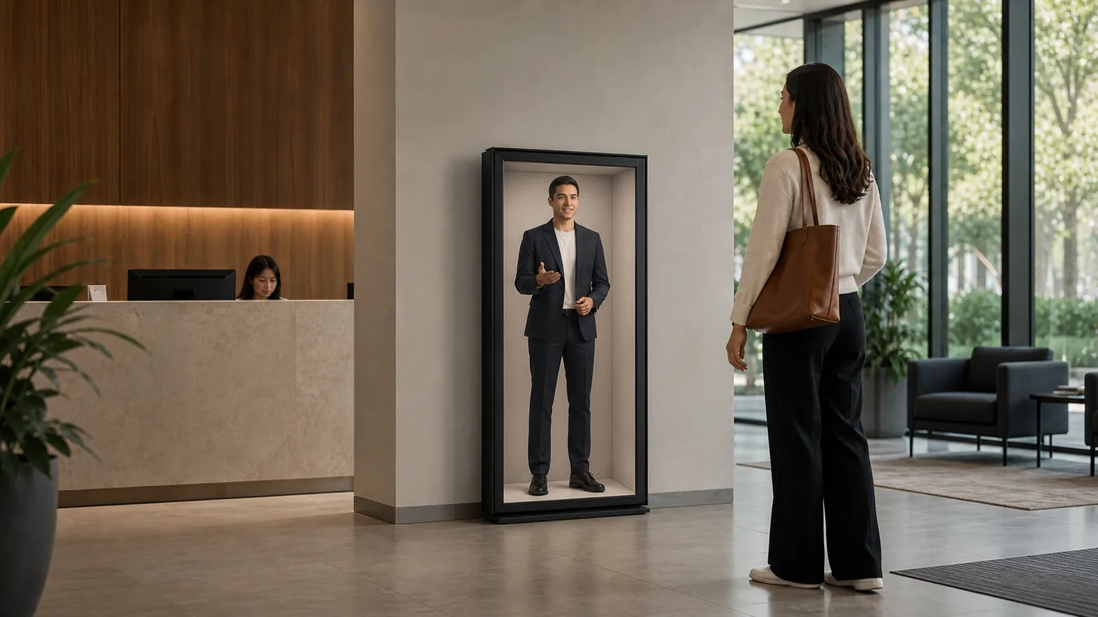 AI-generated Reality Relay concept showing a visitor checking in with a professional full-body digital receptionist
