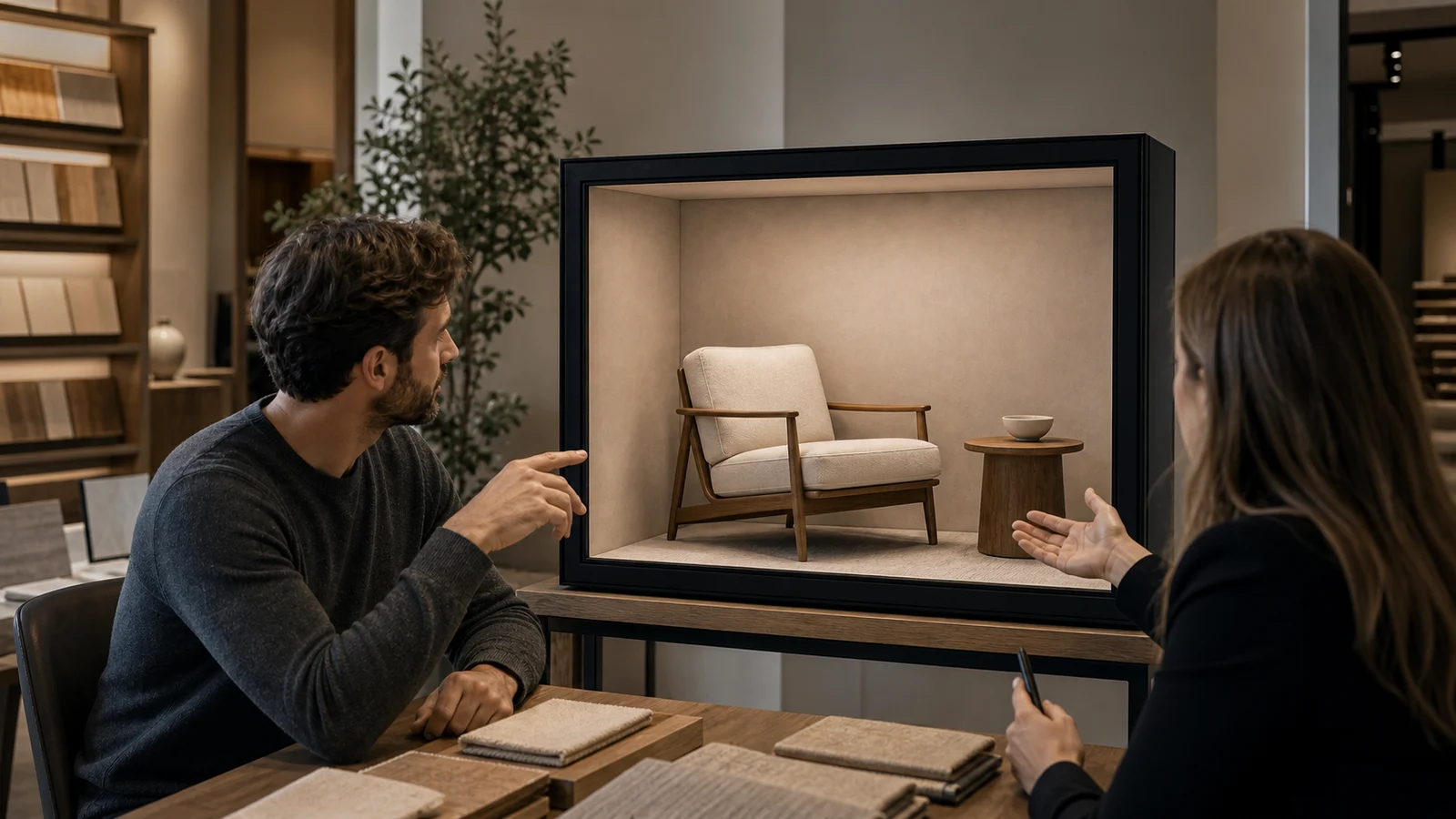 AI-generated Reality Relay concept showing a customer exploring alternate furniture configurations in a deep spatial frame