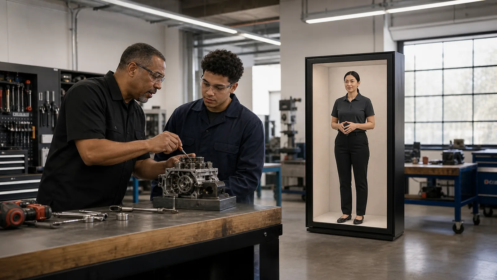 AI-generated Reality Relay concept showing an instructor demonstrating a precise hands-on procedure to a local learner