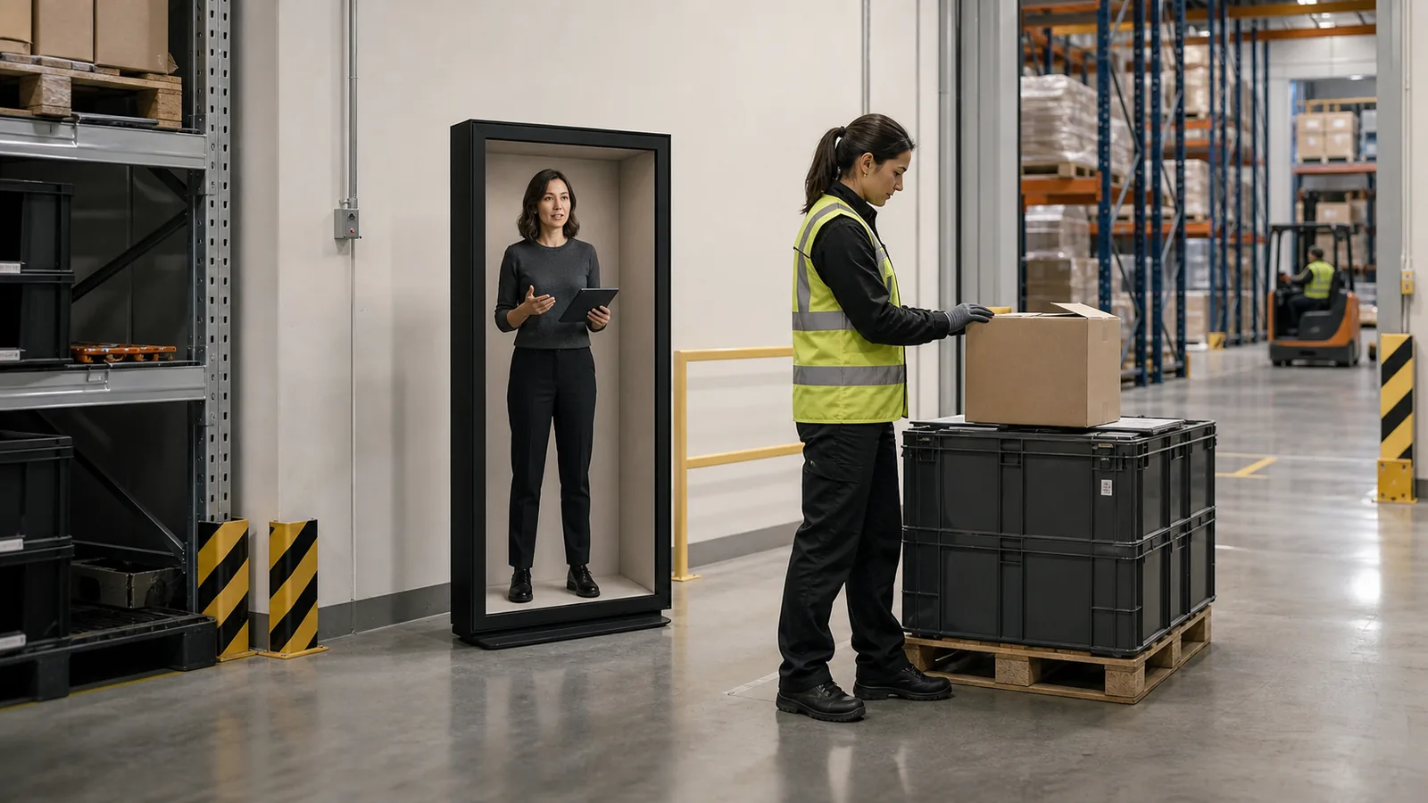 AI-generated Reality Relay concept showing a new operator rehearsing an exception workflow with a visible remote coach