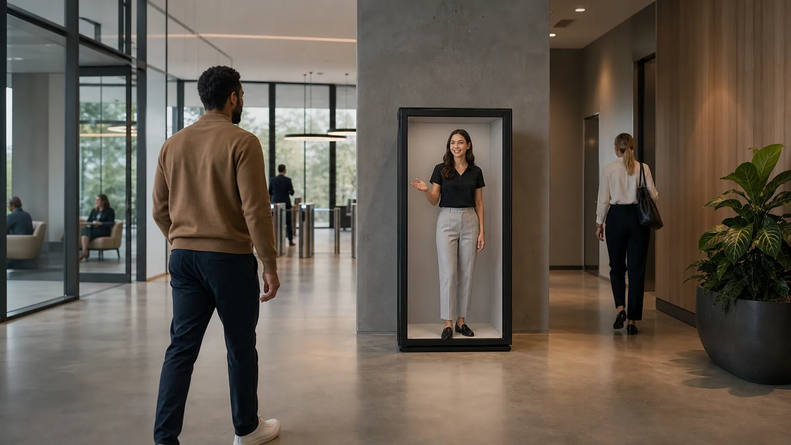 AI-generated Reality Relay concept showing a visitor being directed to the correct team area by a visible presence host